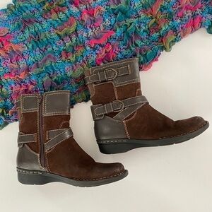 Clarks brown suede strappy ankle boots, Sz. 7